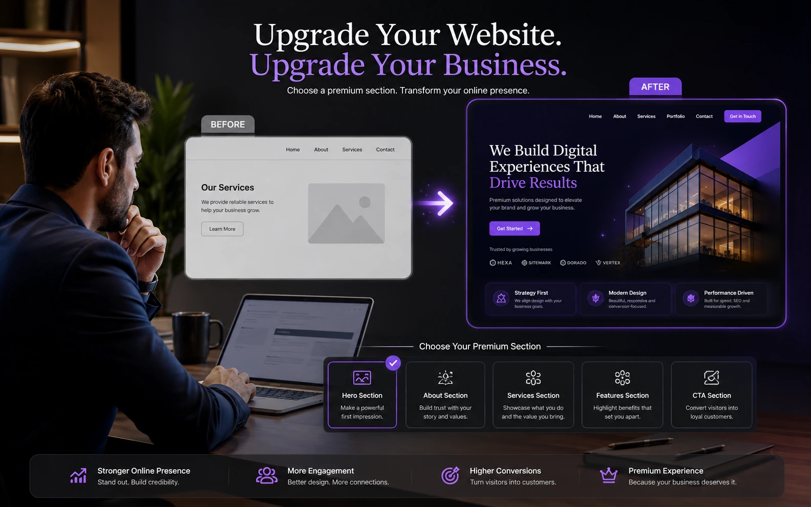 Before and after website section customization
